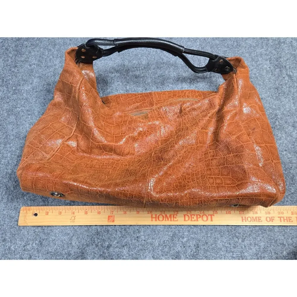 Lola Bernard Hobo Bag Brown Leather Croc Embossed Medium Purse Black Liner